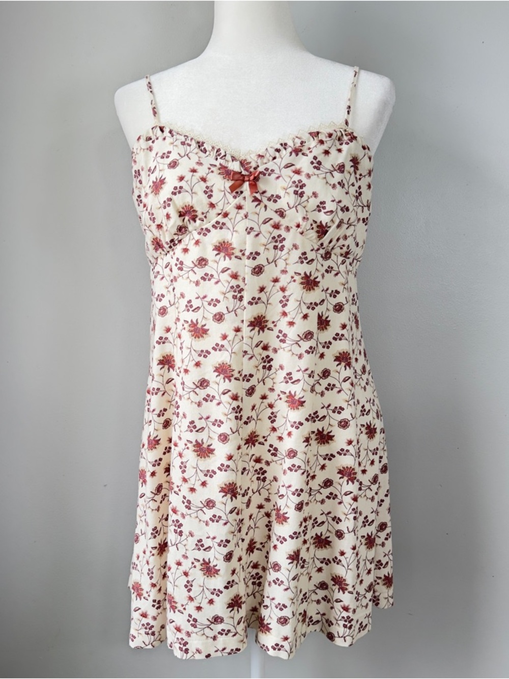 Trixxi Floral Mini Dress L Cream Burgundy Lace Trim Bow Coquette Cottagecore